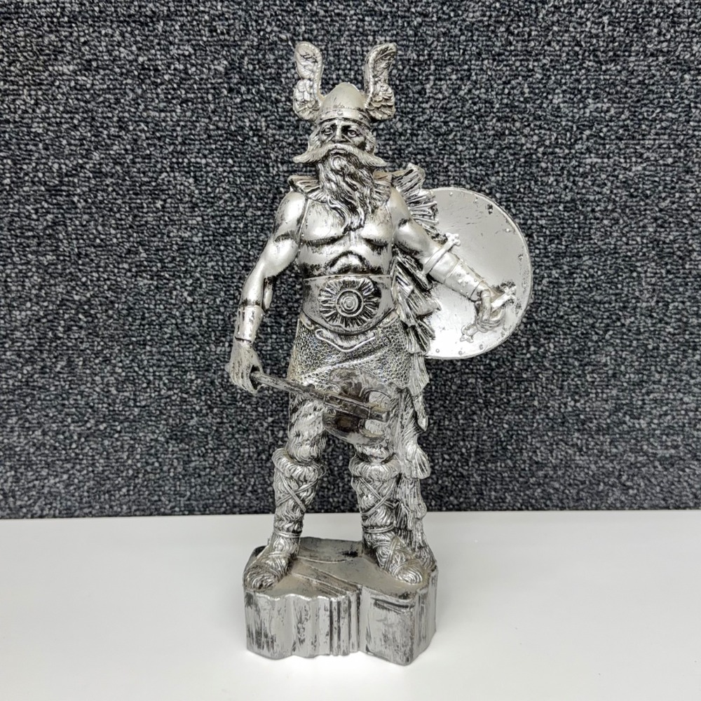 Vtg Enesco Viking Warrior Figurine Faux Silver Tone Norse Barbarian Statue 11.5"